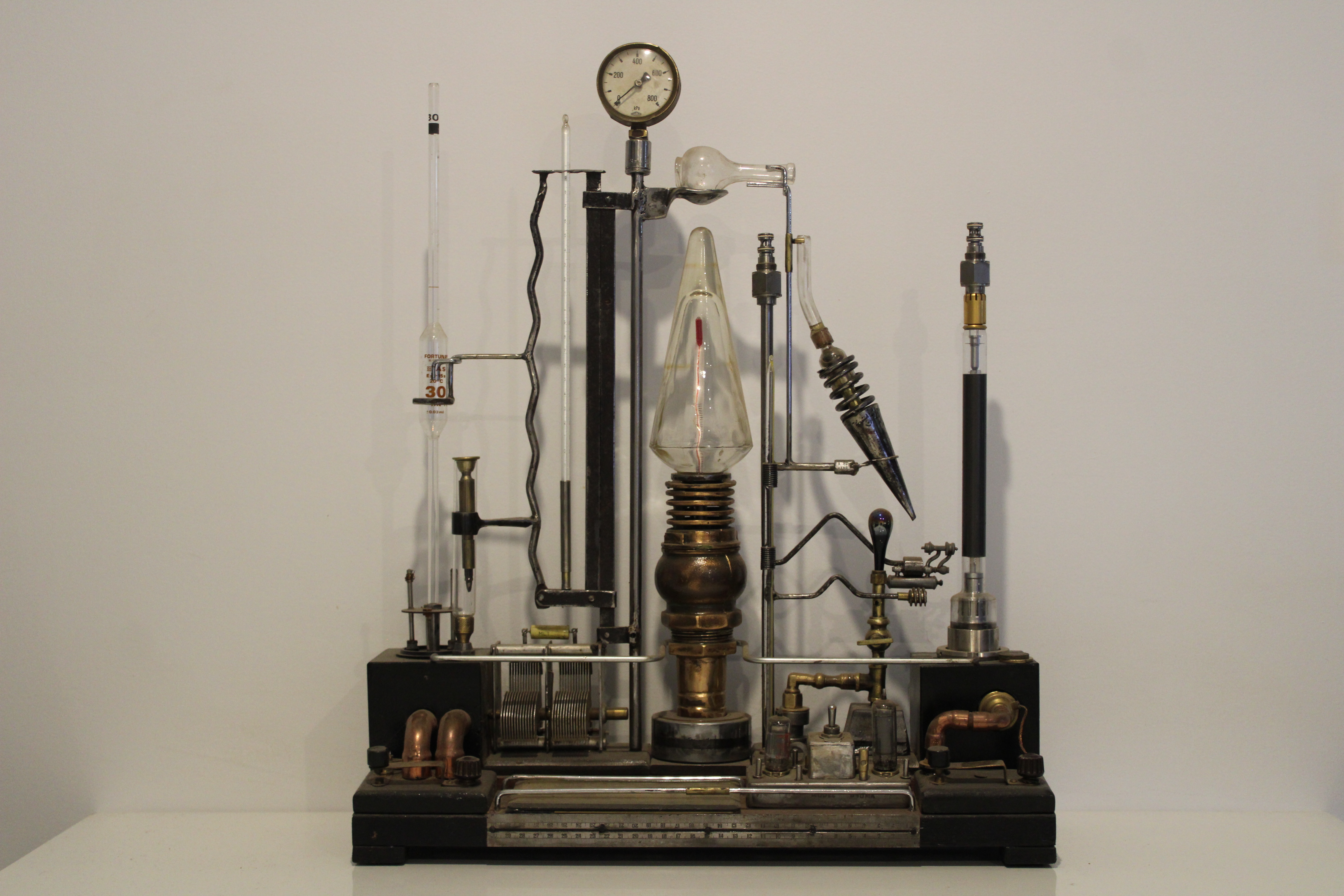 An abstract sculpture made of science laboratory equipment